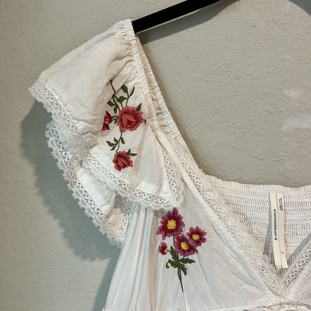 Anthropologie Top Small White Embroidered Patched Hanky Babydoll Bohemian Hippie - Picture 4 of 12